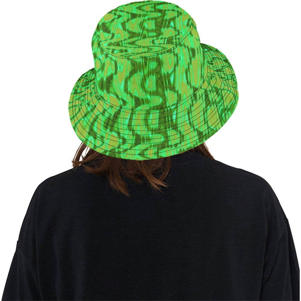 Bucket Hats | Cool Green and Gold Abstract Tie Dye Retro Waves