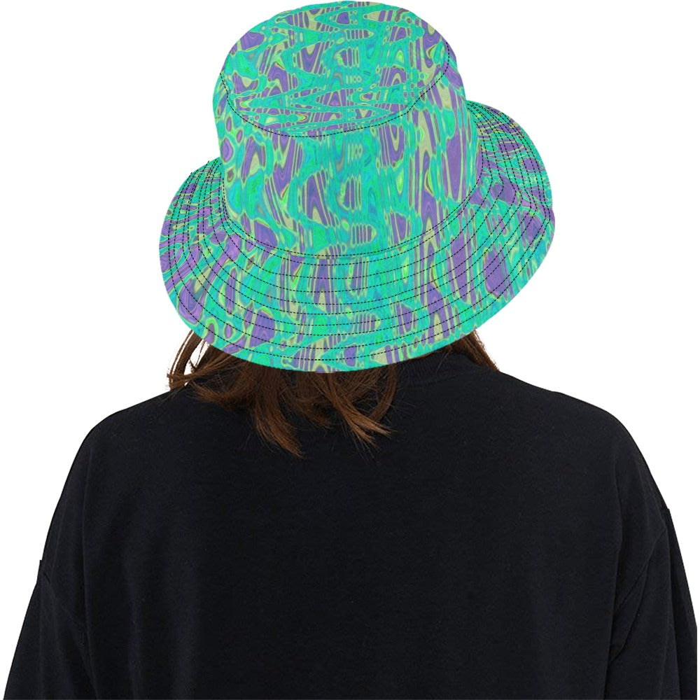 Bucket Hats | Cool Purple and Green Abstract Tie Dye Retro Waves