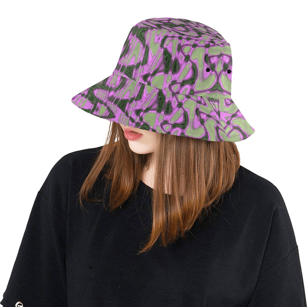 Bucket Hats | Cool Green and Pink Abstract Tie Dye Retro Waves