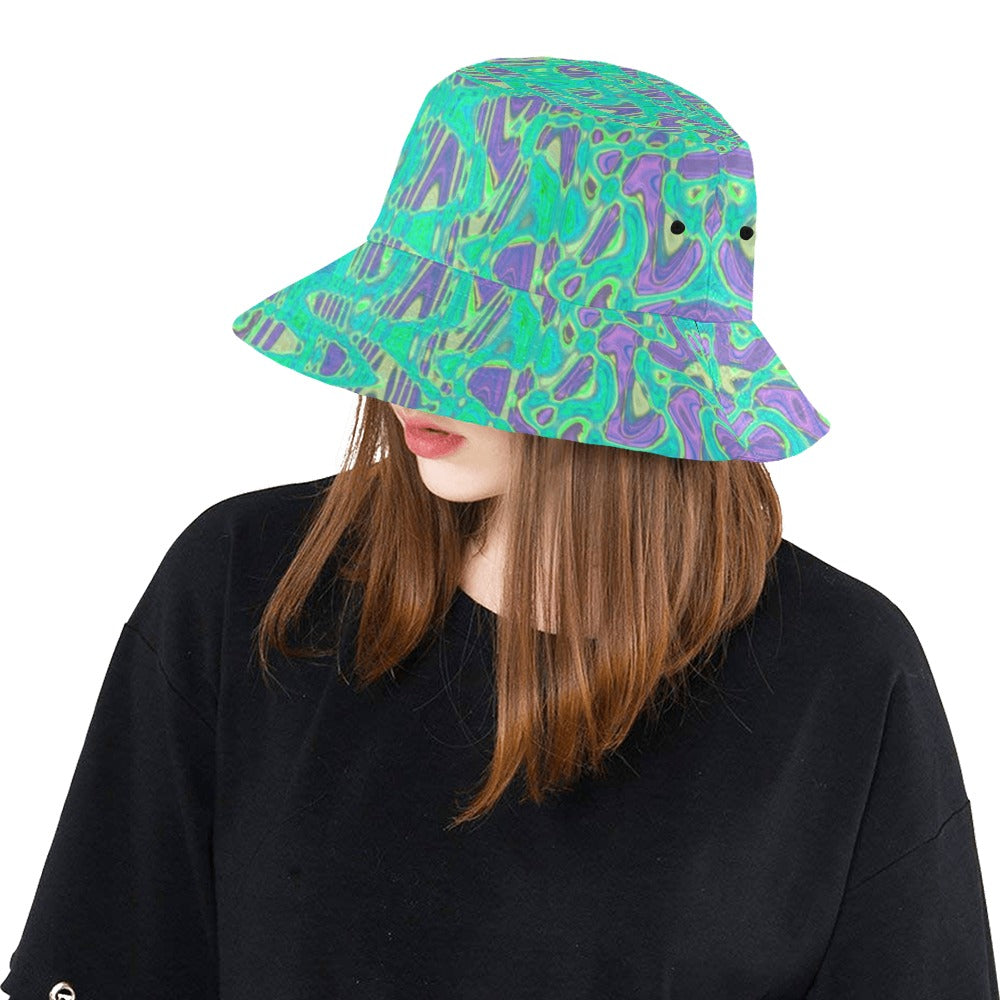 Bucket Hats | Cool Purple and Green Abstract Tie Dye Retro Waves