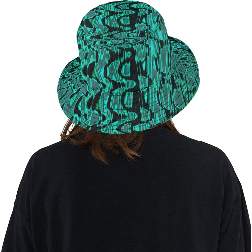 Bucket Hats | Cool Black and Green Abstract Tie Dye Retro Waves