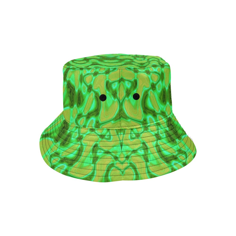 Bucket Hats | Cool Green and Gold Abstract Tie Dye Retro Waves