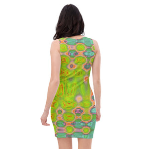 Bodycon Dress - Abstract Yellow and Red Wavy Tie Dye Clouds