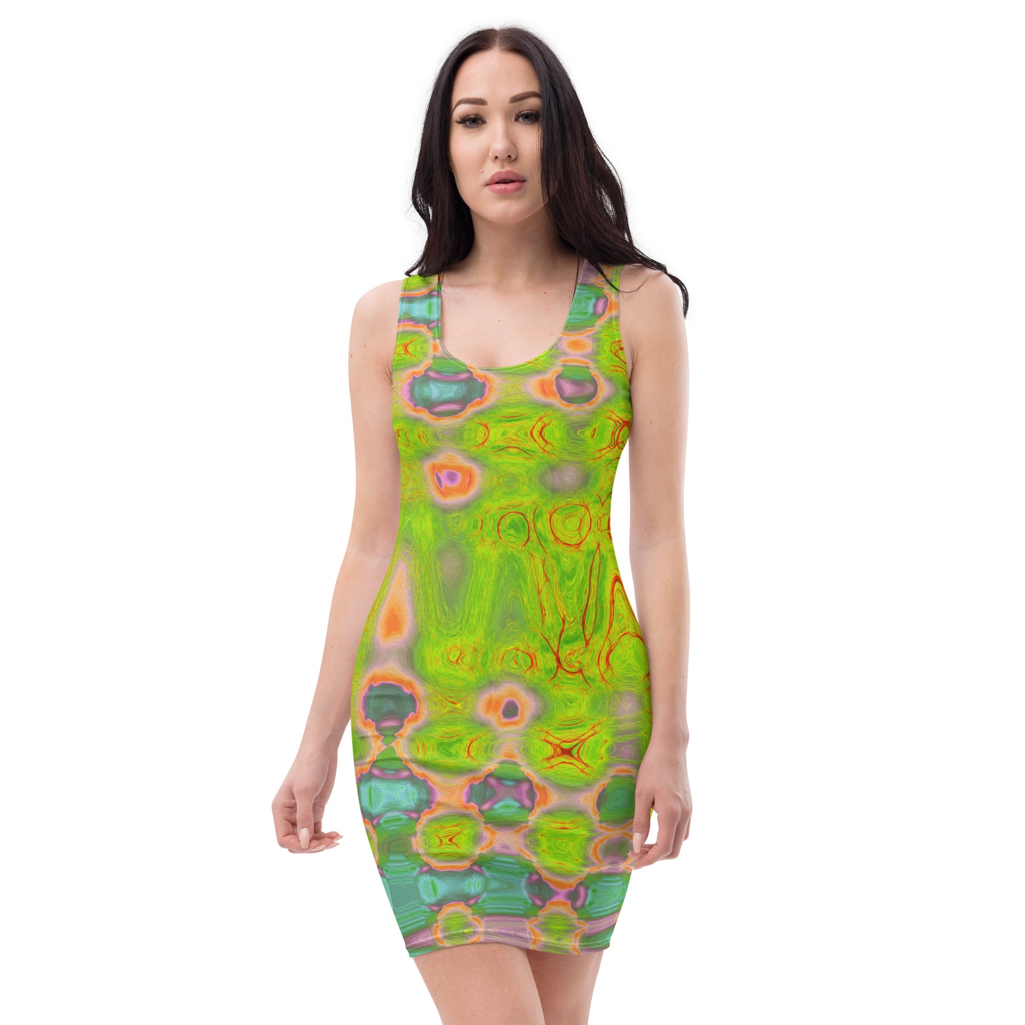 Bodycon Dress - Abstract Yellow and Red Wavy Tie Dye Clouds