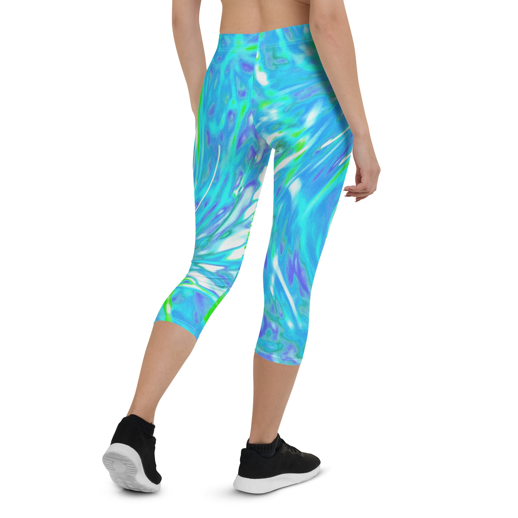 Capri Leggings - Cool Abstract Retro Aqua and Lime Green Floral Swirl