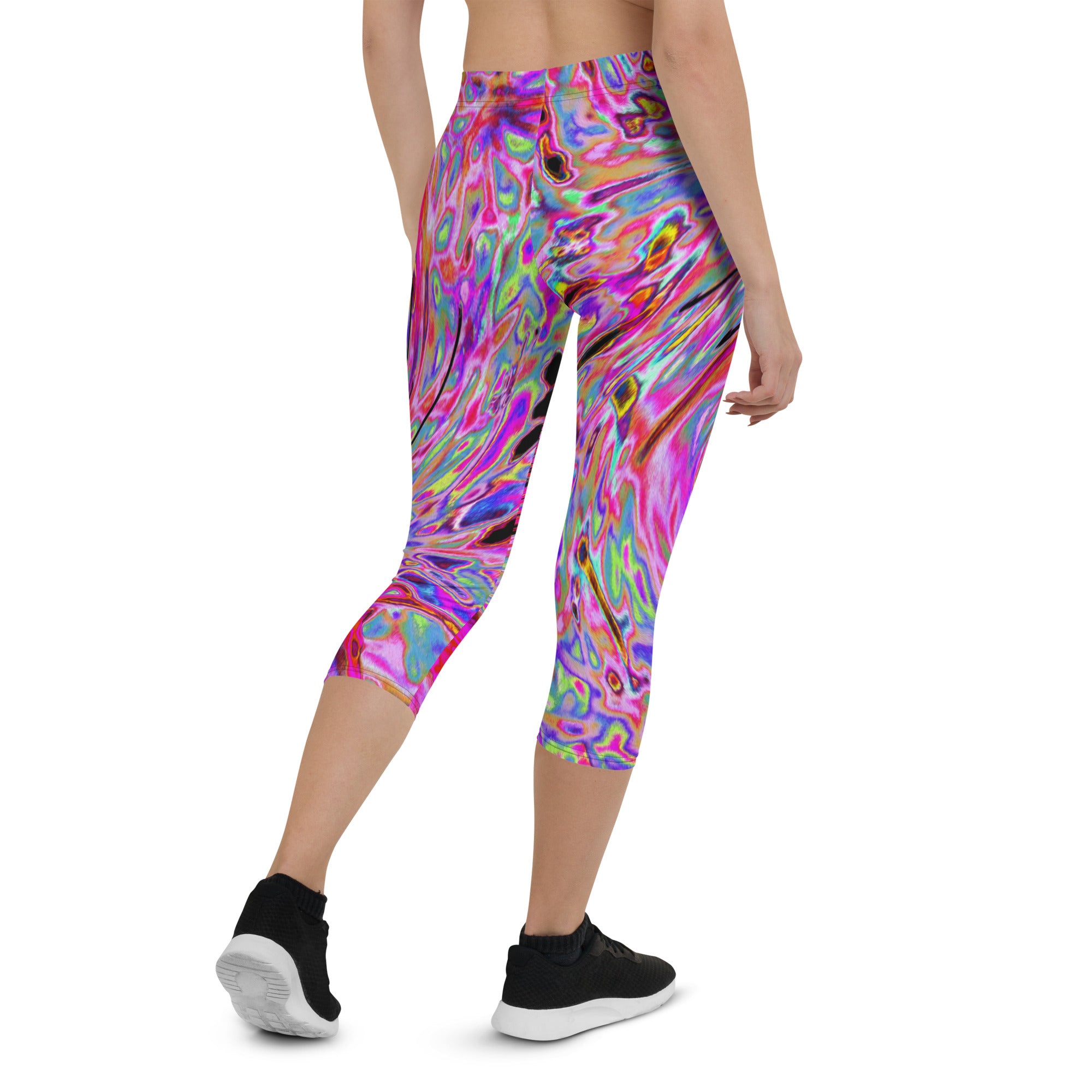 Capri Leggings - Cool Abstract Retro Hot Pink and Red Floral Swirl