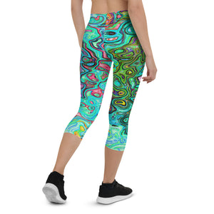 Capri Leggings - Aquamarine Groovy Abstract Retro Liquid Swirl