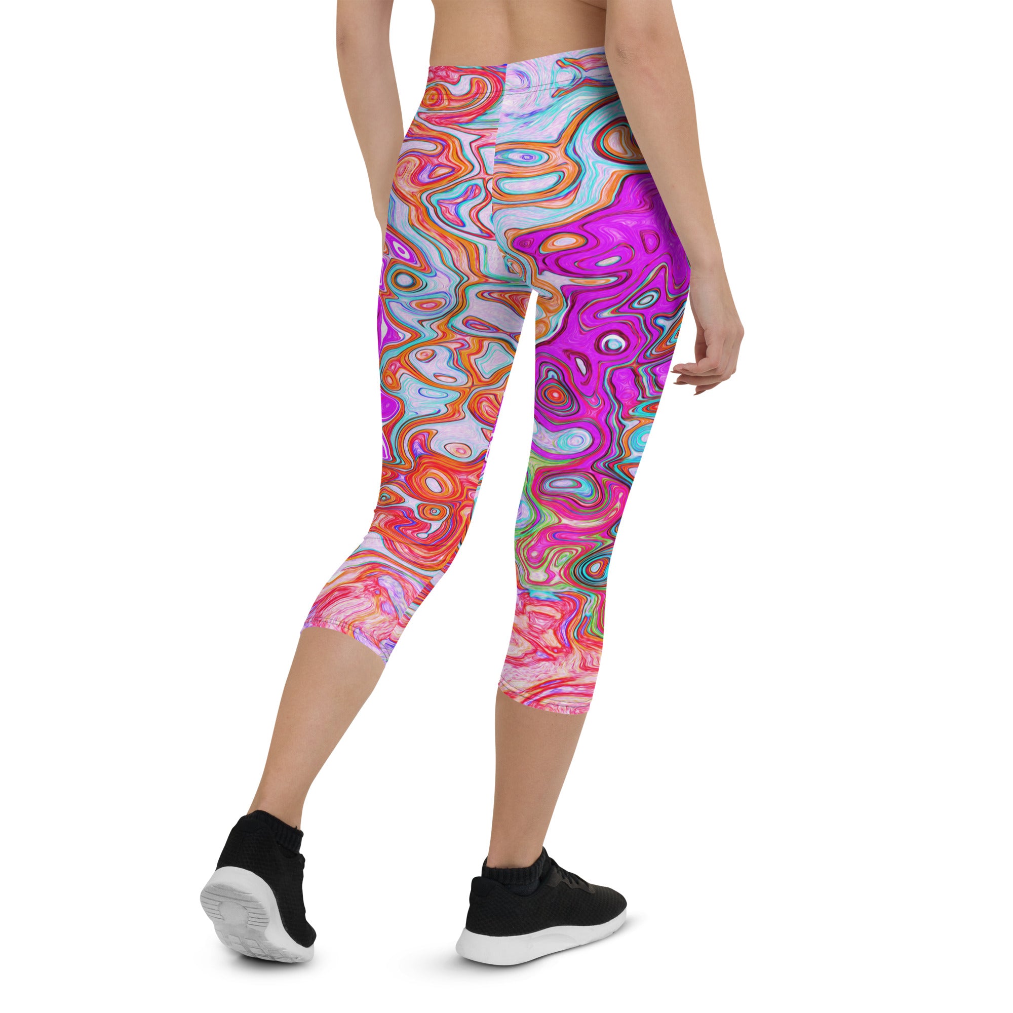 Capri Leggings - Purple and Orange Groovy Abstract Retro Liquid Swirl