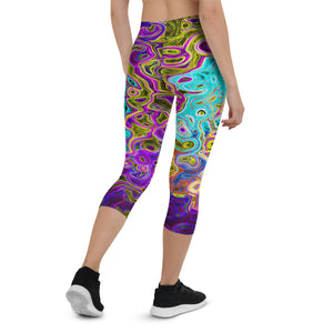 Capri Leggings - Icy Aqua Blue Groovy Abstract Retro Liquid Swirl