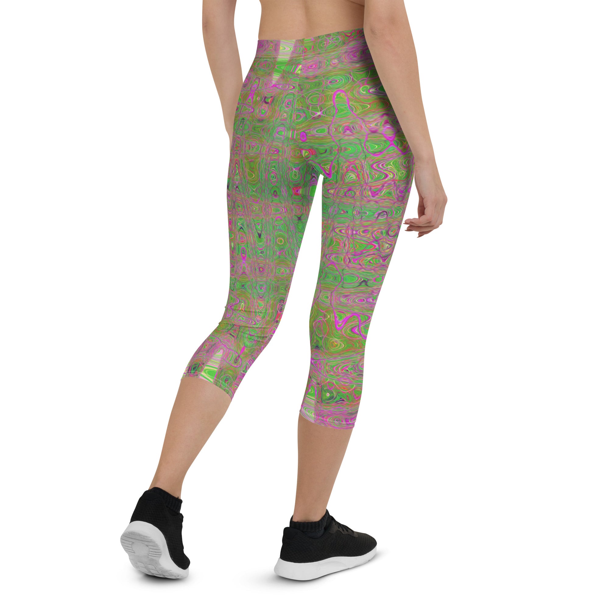 Capri Leggings | Retro Abstract Magenta and Green Squiggly Lines