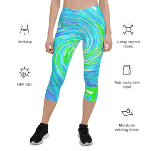 Capri Leggings - Cool Abstract Retro Aqua and Lime Green Floral Swirl