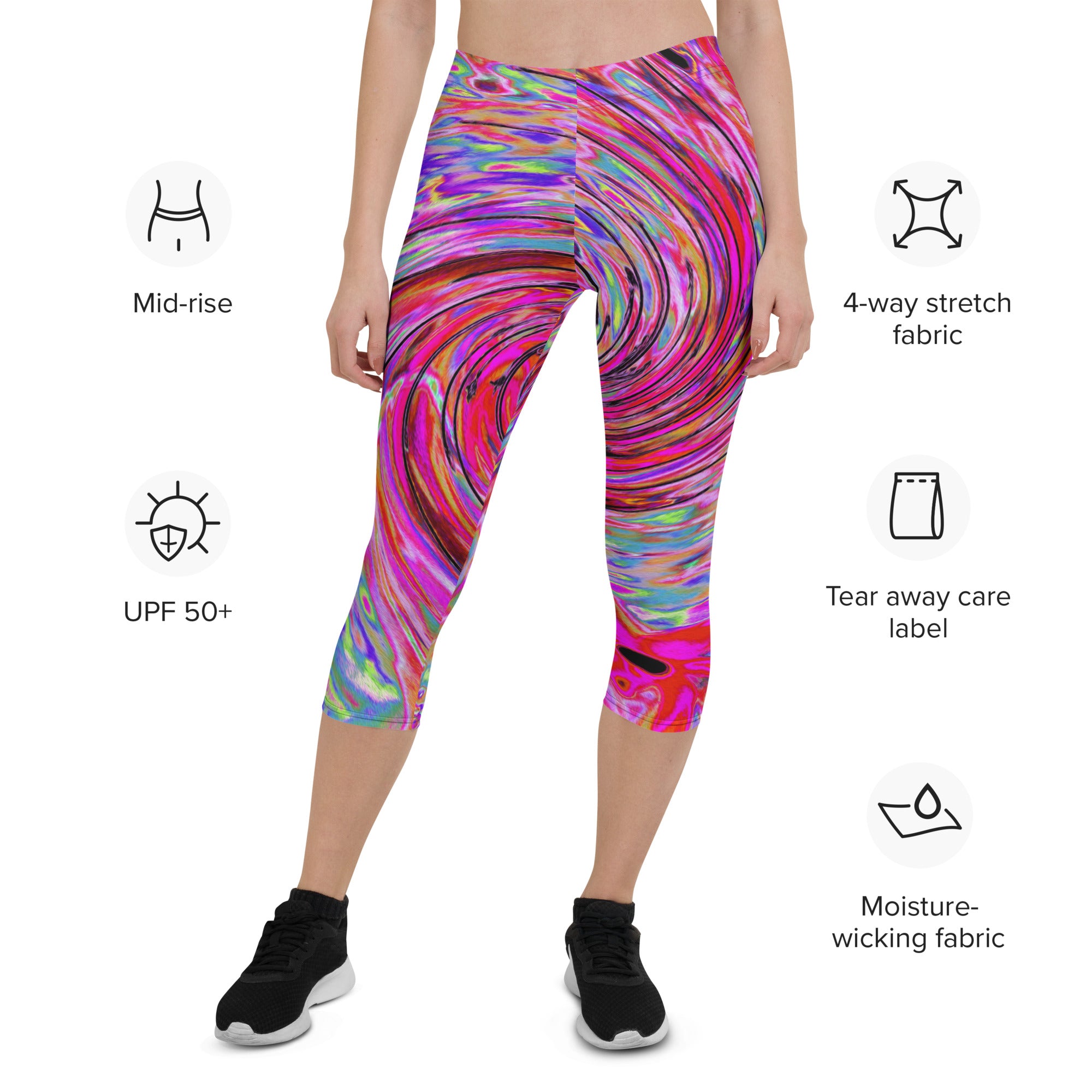 Capri Leggings - Cool Abstract Retro Hot Pink and Red Floral Swirl