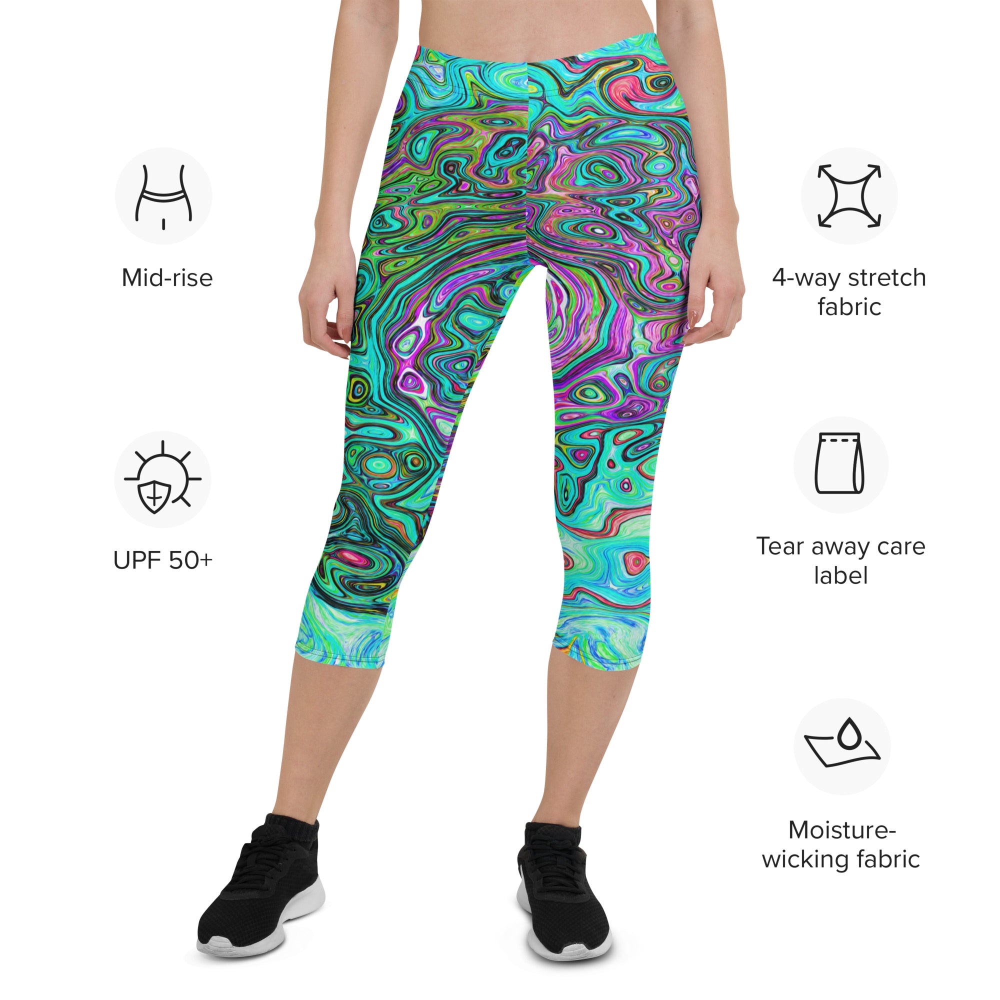 Capri Leggings - Aquamarine Groovy Abstract Retro Liquid Swirl