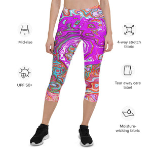 Capri Leggings - Purple and Orange Groovy Abstract Retro Liquid Swirl