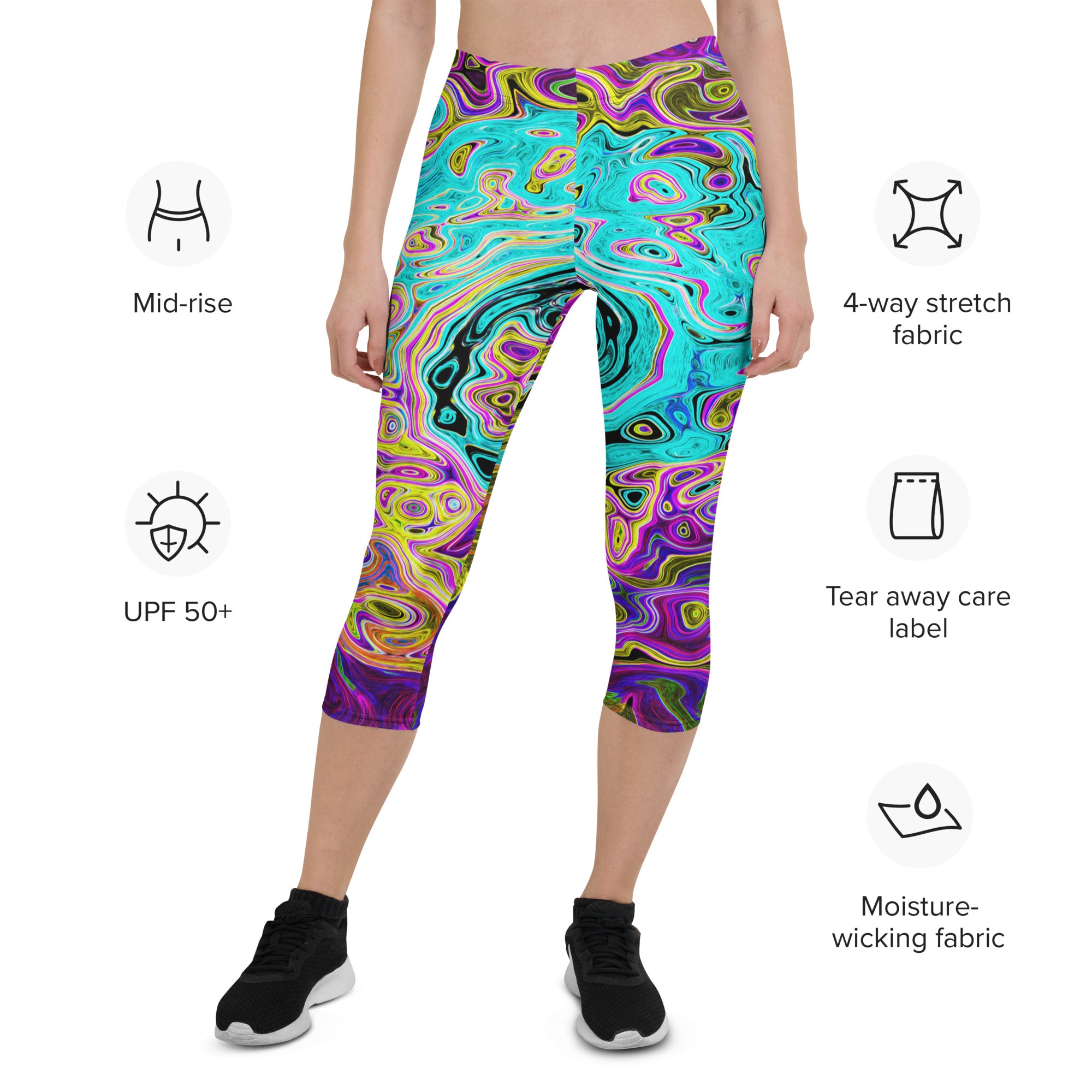 Capri Leggings - Icy Aqua Blue Groovy Abstract Retro Liquid Swirl