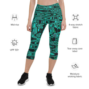 Capri Leggings | Cool Black and Green Abstract Tie Dye Retro Waves