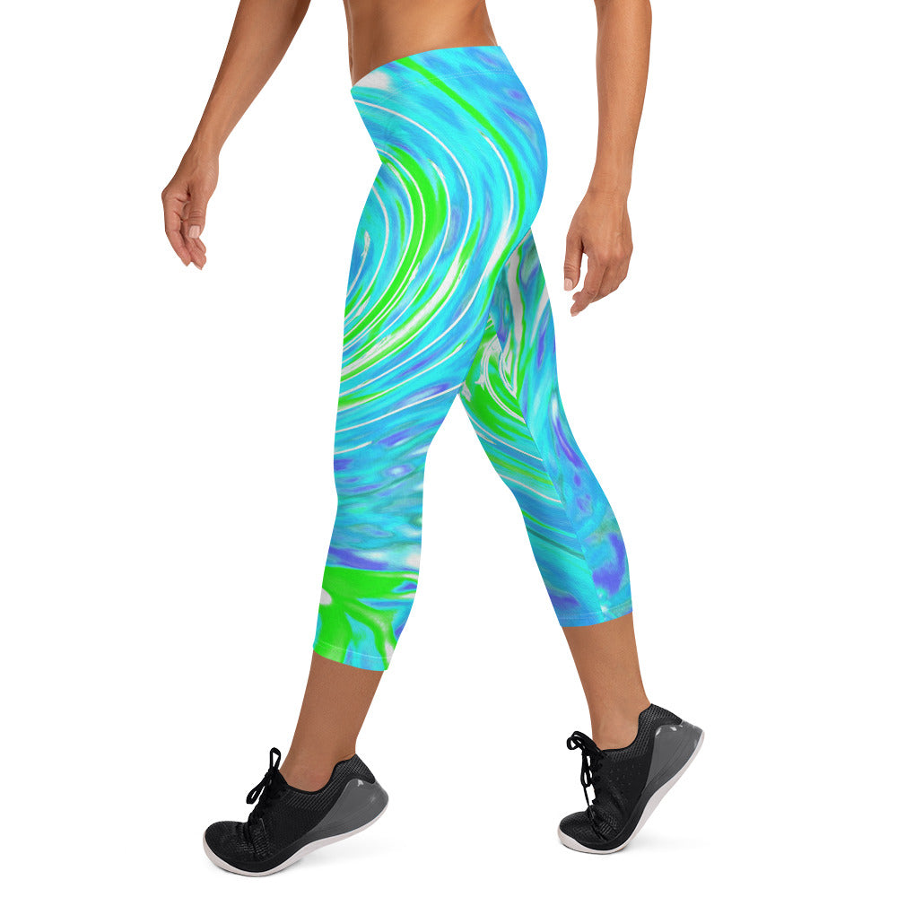 Capri Leggings - Cool Abstract Retro Aqua and Lime Green Floral Swirl