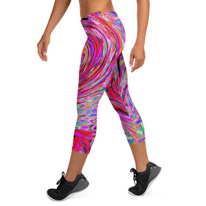 Capri Leggings - Cool Abstract Retro Hot Pink and Red Floral Swirl