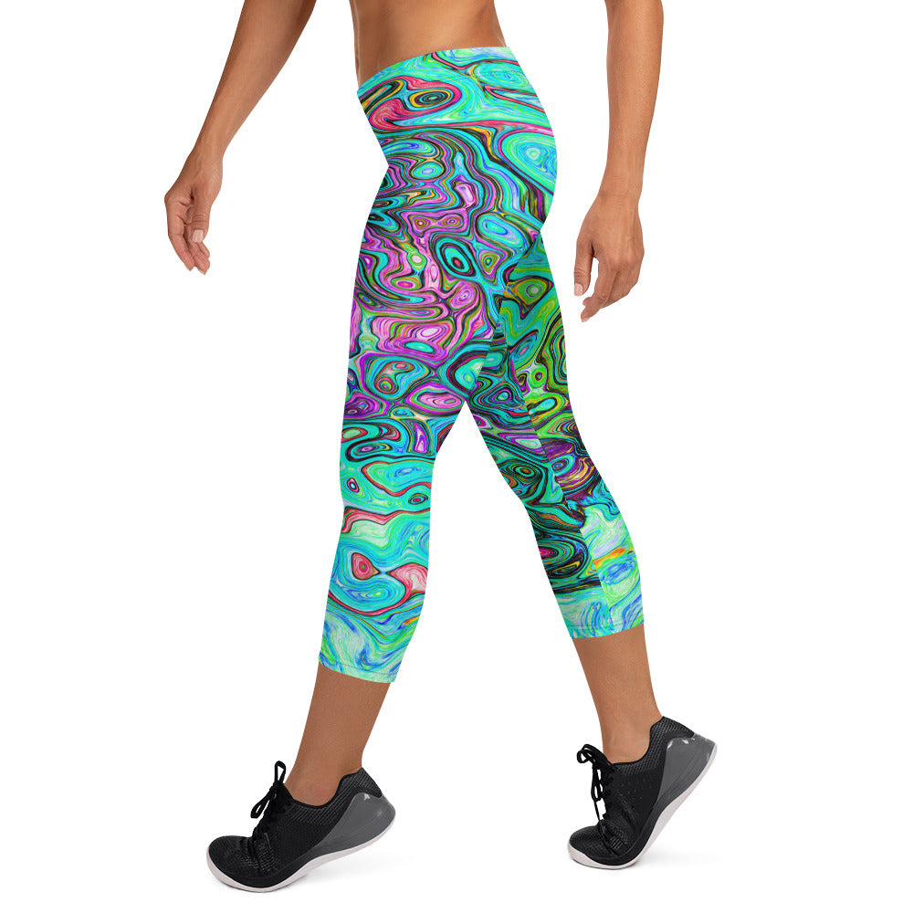 Capri Leggings - Aquamarine Groovy Abstract Retro Liquid Swirl