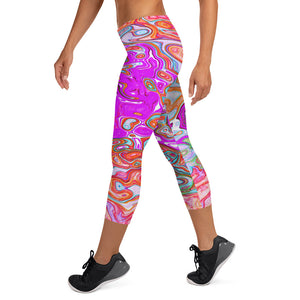 Capri Leggings - Purple and Orange Groovy Abstract Retro Liquid Swirl