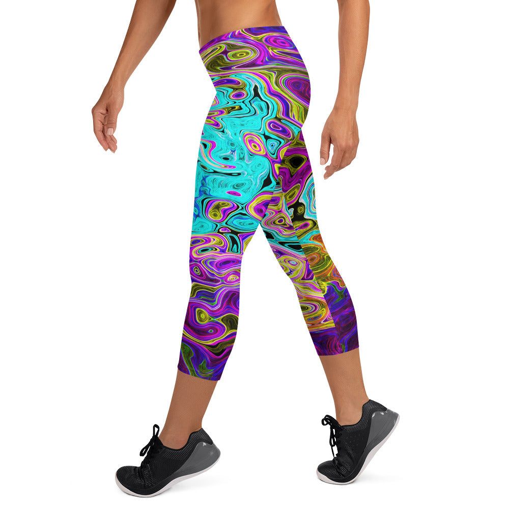 Capri Leggings - Icy Aqua Blue Groovy Abstract Retro Liquid Swirl