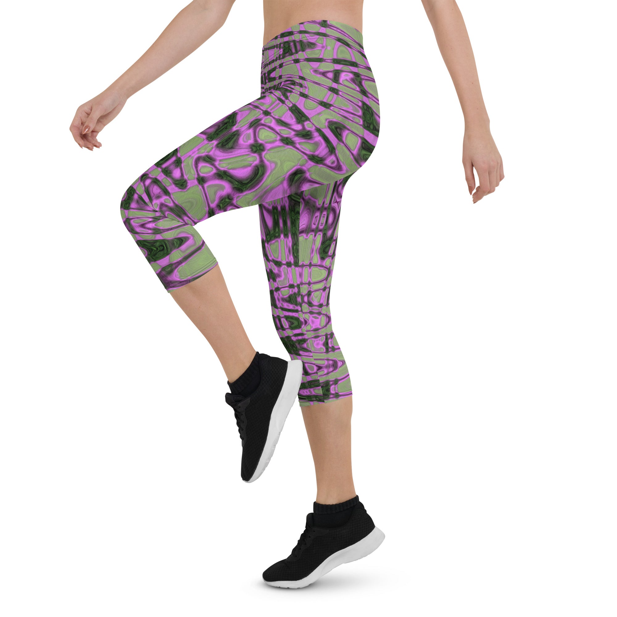 Capri Leggings | Cool Green and Pink Abstract Tie Dye Retro Waves