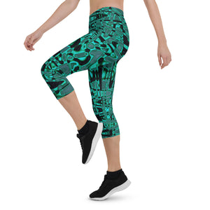 Capri Leggings | Cool Black and Green Abstract Tie Dye Retro Waves