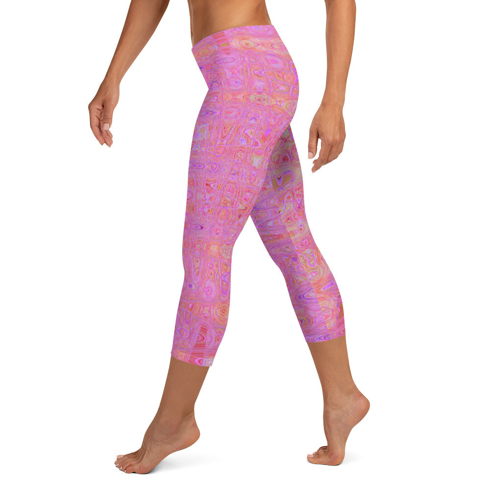 Capri Leggings | Retro Abstract Pink and Orange Squiggly Lines
