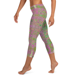 Capri Leggings | Retro Abstract Magenta and Green Squiggly Lines