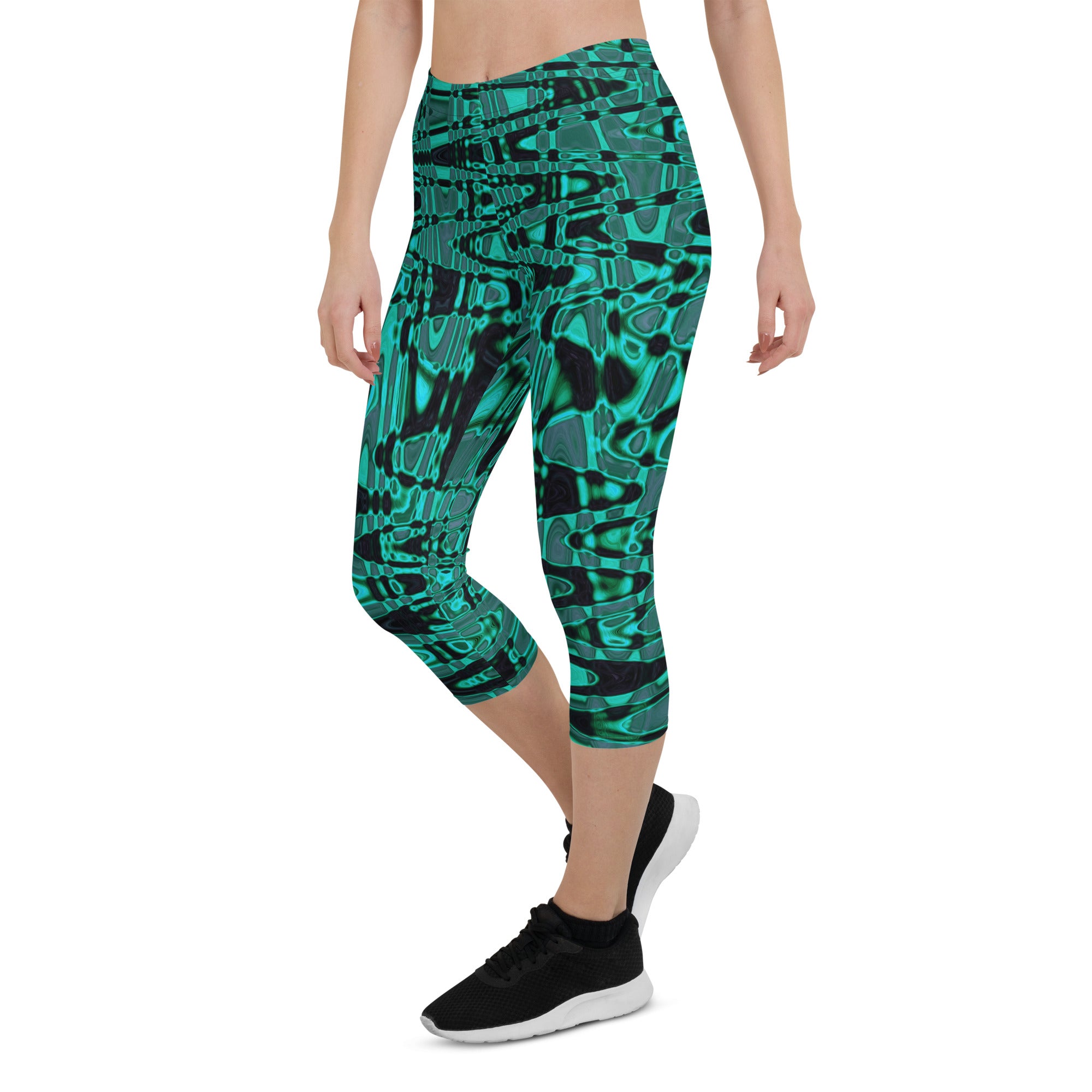 Capri Leggings | Cool Black and Green Abstract Tie Dye Retro Waves