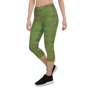 Capri Leggings | Retro Abstract Chartreuse Green Squiggly Lines