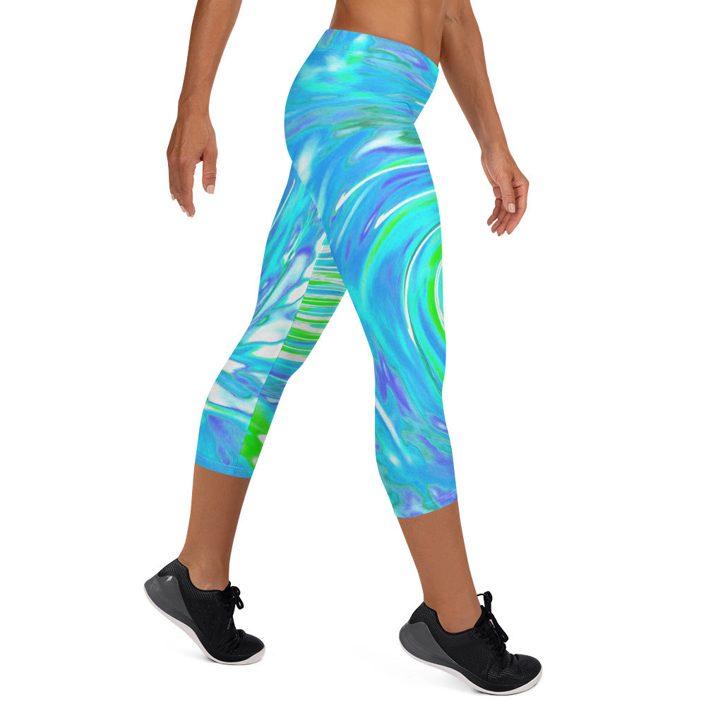 Capri Leggings - Cool Abstract Retro Aqua and Lime Green Floral Swirl