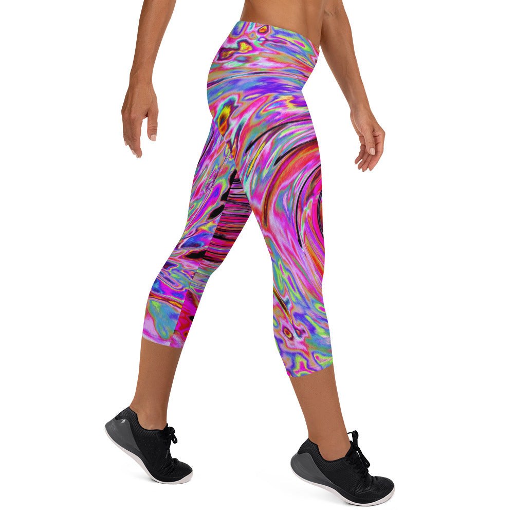 Capri Leggings - Cool Abstract Retro Hot Pink and Red Floral Swirl