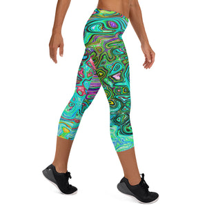 Capri Leggings - Aquamarine Groovy Abstract Retro Liquid Swirl