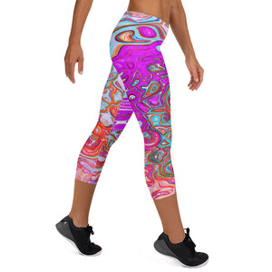 Capri Leggings - Purple and Orange Groovy Abstract Retro Liquid Swirl