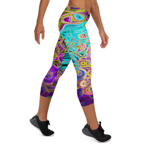 Capri Leggings - Icy Aqua Blue Groovy Abstract Retro Liquid Swirl