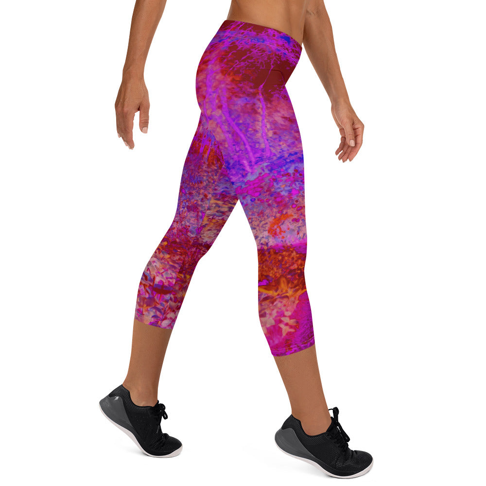 Capri Leggings - Trippy Red and Magenta Impressionistic Landscape