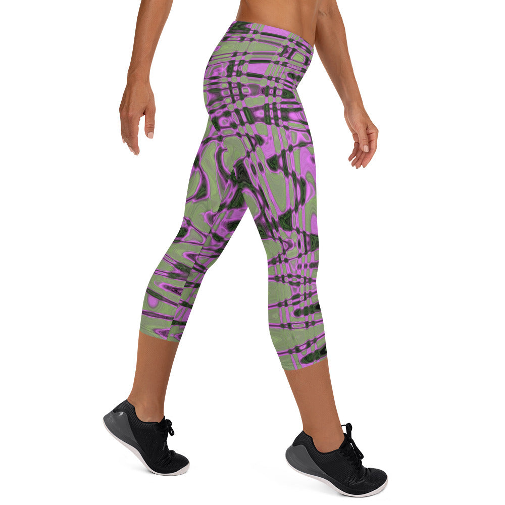 Capri Leggings | Cool Green and Pink Abstract Tie Dye Retro Waves