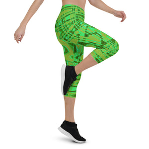 Capri Leggings | Cool Green and Gold Abstract Tie Dye Retro Waves