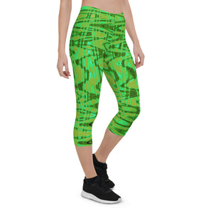 Capri Leggings | Cool Green and Gold Abstract Tie Dye Retro Waves