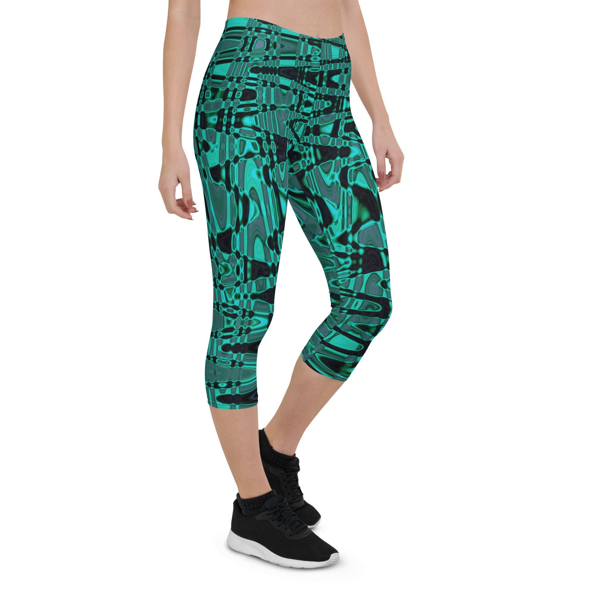 Capri Leggings | Cool Black and Green Abstract Tie Dye Retro Waves