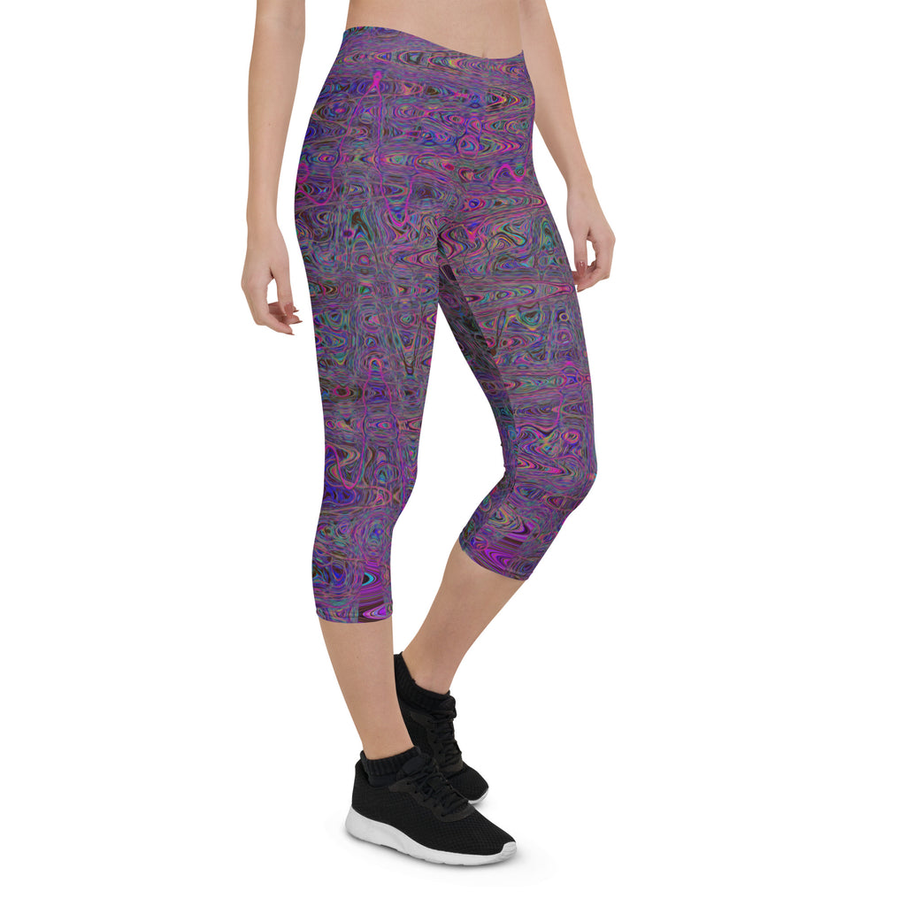 Capri Leggings | Retro Abstract Magenta and Blue Squiggly Lines