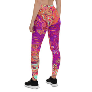 Leggings for Women - Retro Abstract Coral and Purple Marble Swirl