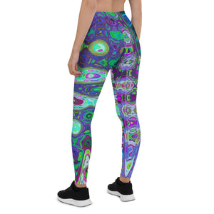 Leggings for Women | Abstract Green and Purple Wavy Mosaic Retro