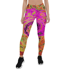 Leggings for Women - Hot Pink Groovy Abstract Retro Liquid Swirl