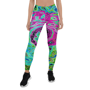 Leggings for Women - Hot Pink and Blue Groovy Abstract Retro Liquid Swirl