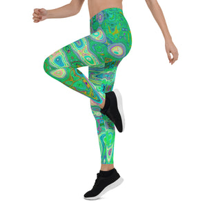Leggings for Women | Abstract Colorful Green Wavy Mosaic Retro