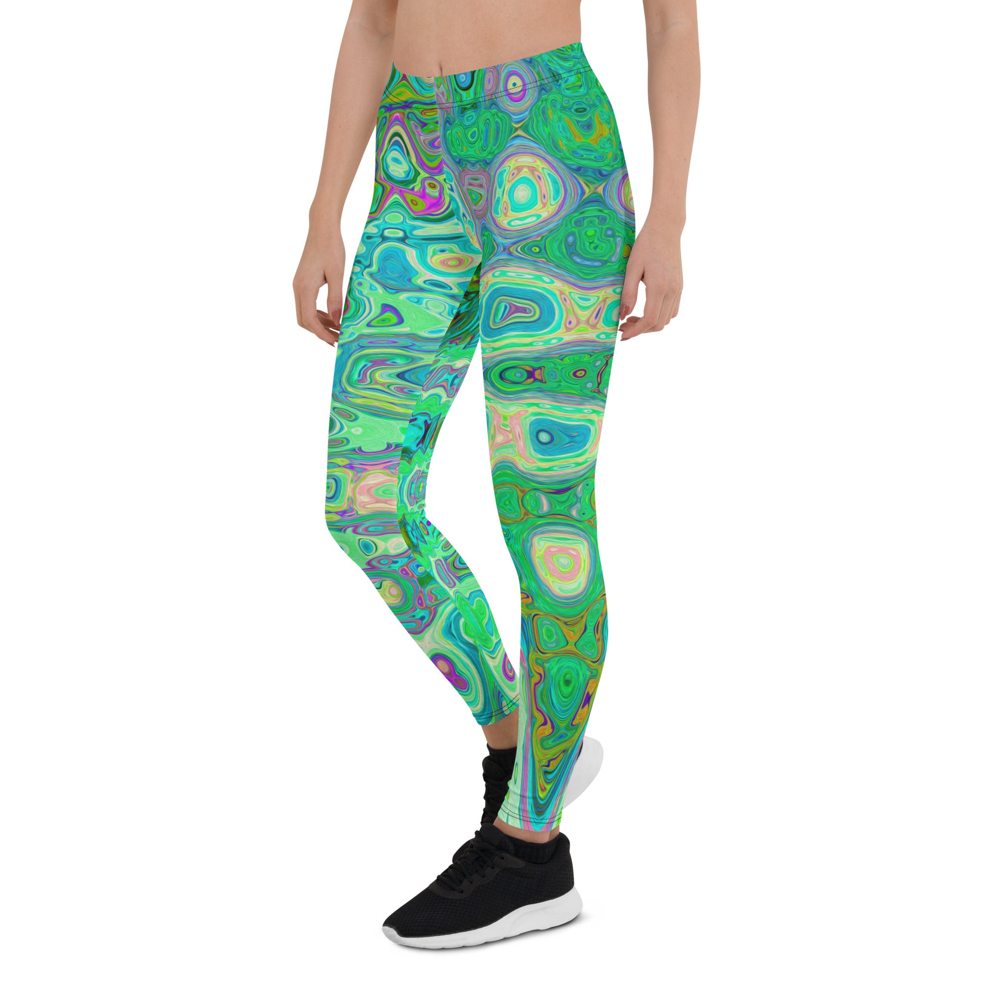 Leggings for Women | Abstract Colorful Green Wavy Mosaic Retro