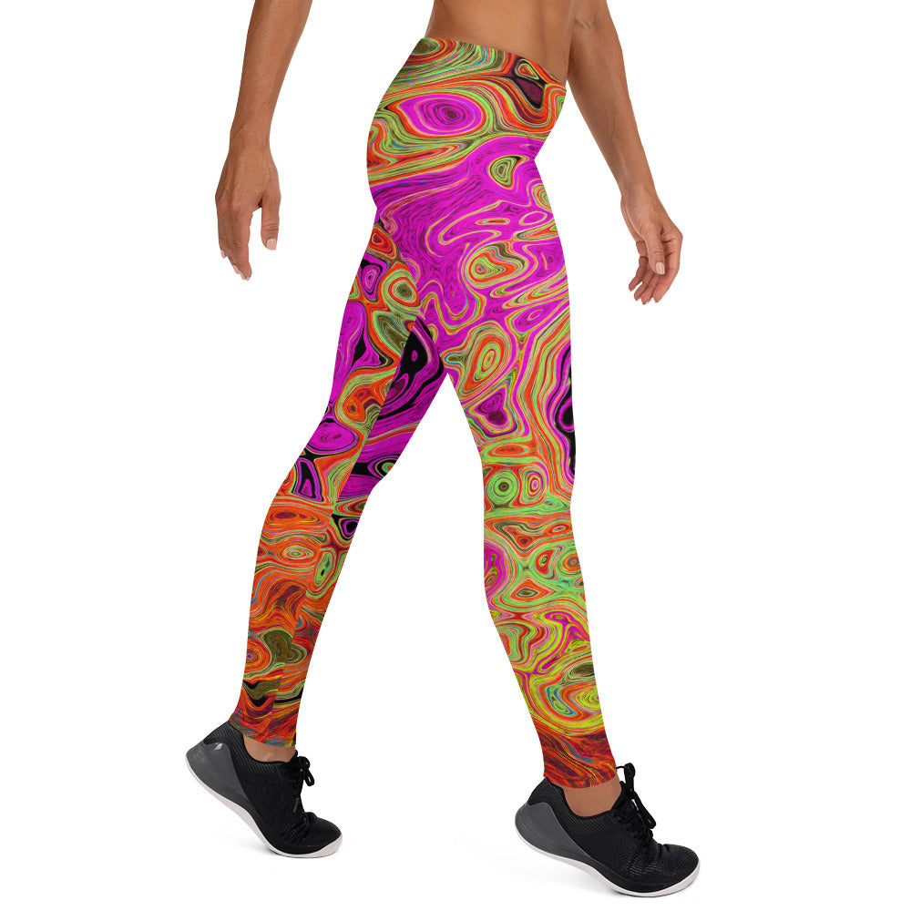 Leggings for Women - Hot Pink Groovy Abstract Retro Liquid Swirl