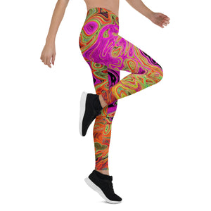 Leggings for Women - Hot Pink Groovy Abstract Retro Liquid Swirl